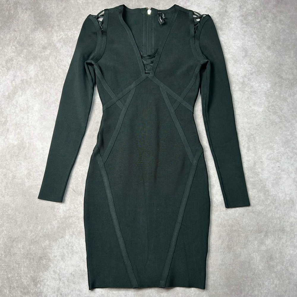 Marciano Guess Dark Black Lace Up V-Neck Bandage Bodycon Mini Dress XS
